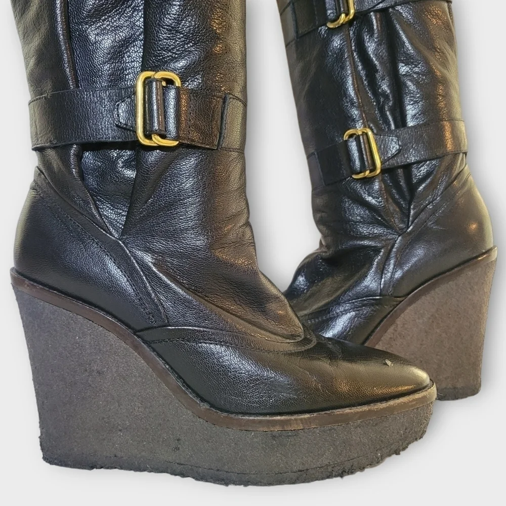 YSL Yves Saint Laurent Tall Black Leather Wedge Boots Vintage 90s Y2K